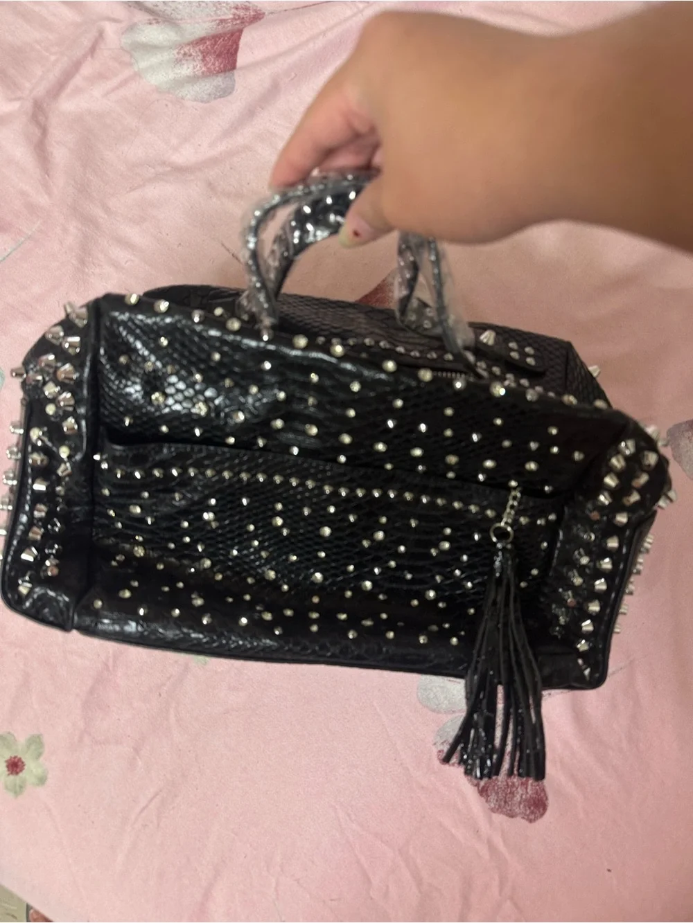 Black Faux Snakeskin Studded Satchel Shoulder Bag Y2K